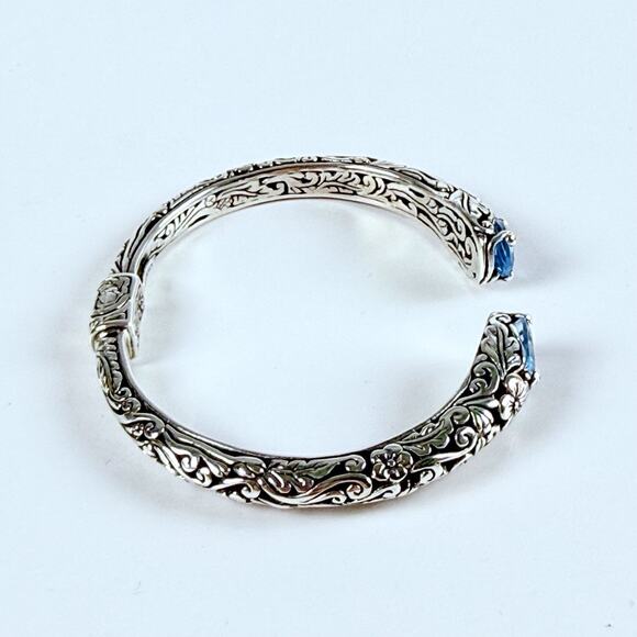 DESIGNER BLUE TOPAZ Floral Hinged Open Cuff Bracelet Sterling Silver Signed - Picture 9 of 11